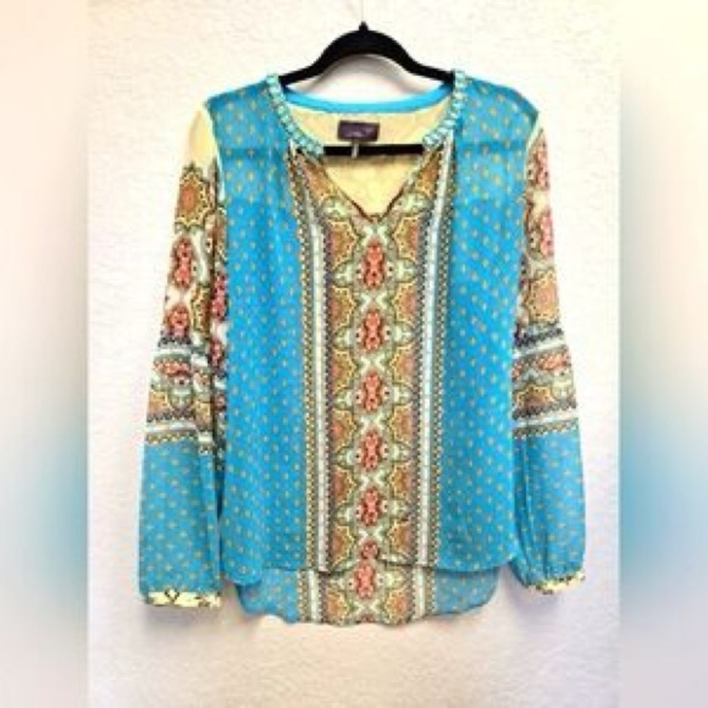 Hale Bob Bohemian Blue Patterned Jeweled Top Blouse XS